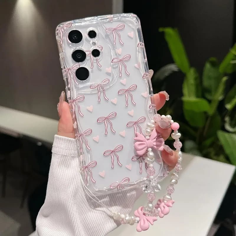 Cute Pink Bow Phone Case For Samsung Galaxy S26 S25 S24 S23 S22 Plus Ultra S21 FE A55 A54 A34 A33 Shockproof Transparent Cover