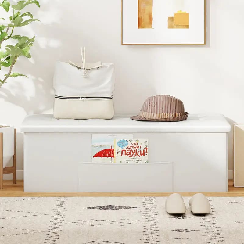 43 Inches Folding Storage Ottoman Bench Foot Rest Stool End of Bed Bench-White