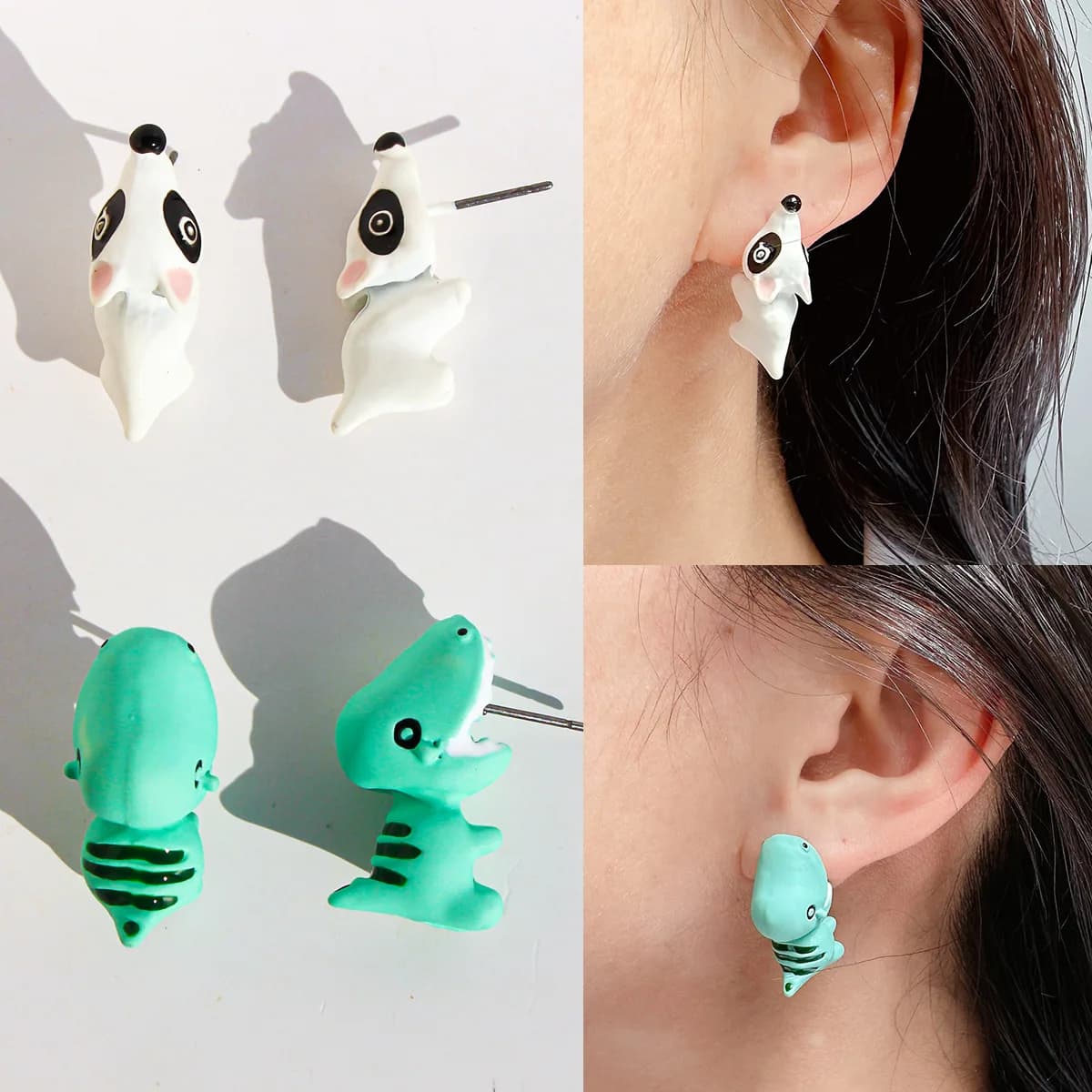 Set di 2 Orecchini a Perno con Animali Cartoon per Donne, con Simpatici Dinosauri, Cani e Balene, Gioielli in Argilla, Accessori Moda