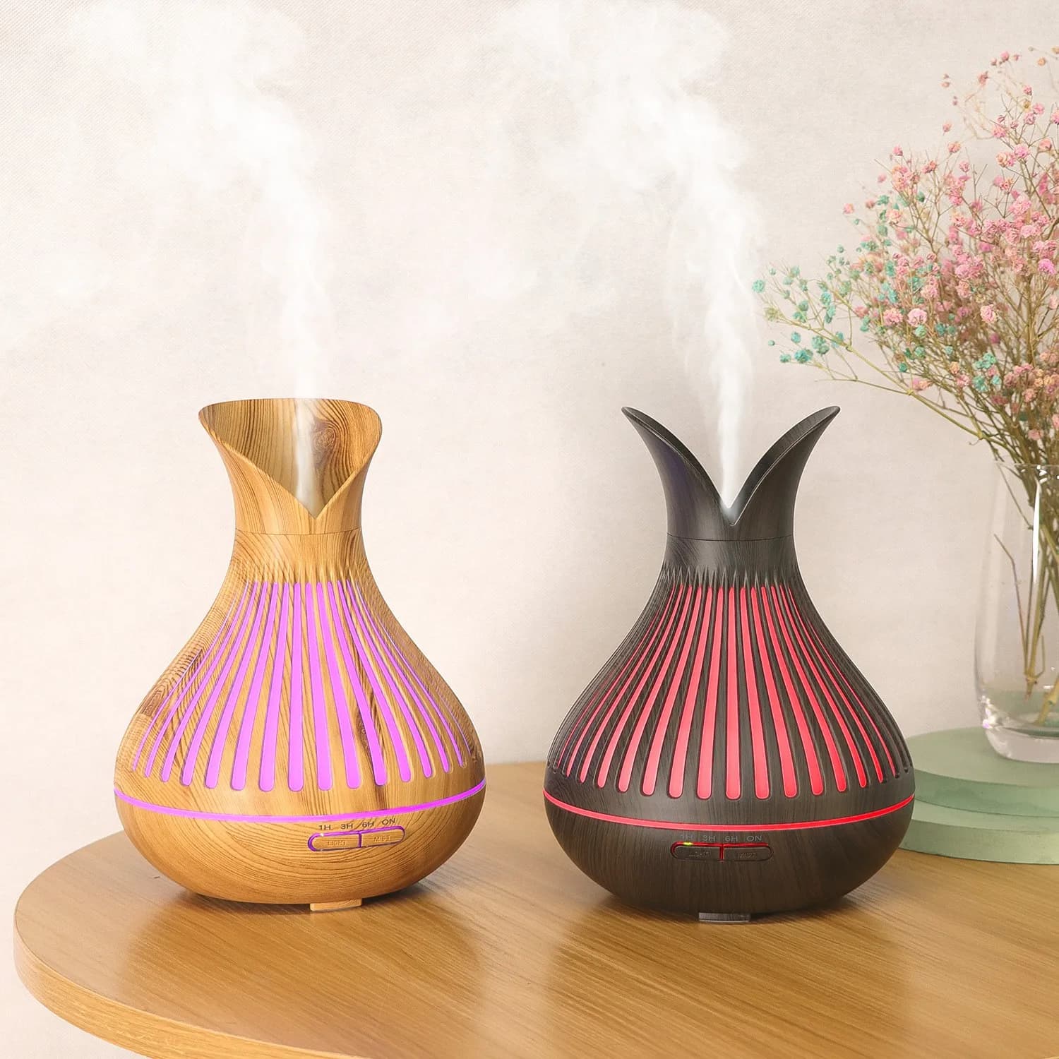 2025 Hollow Petal Design WIFI Wood Grain Aroma Diffuser 500ML Ultrasonic Cool Mist Aromatherapy Humidifiers Diffusers Essentials