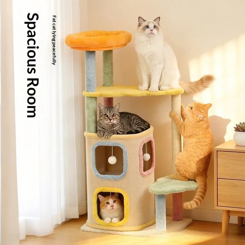 Torre per Gatti Invernale in Peluche, Colori Macaron, con Tiragraffi in Sisal, Cuccia Accogliente e Centro Giochi per Gattini