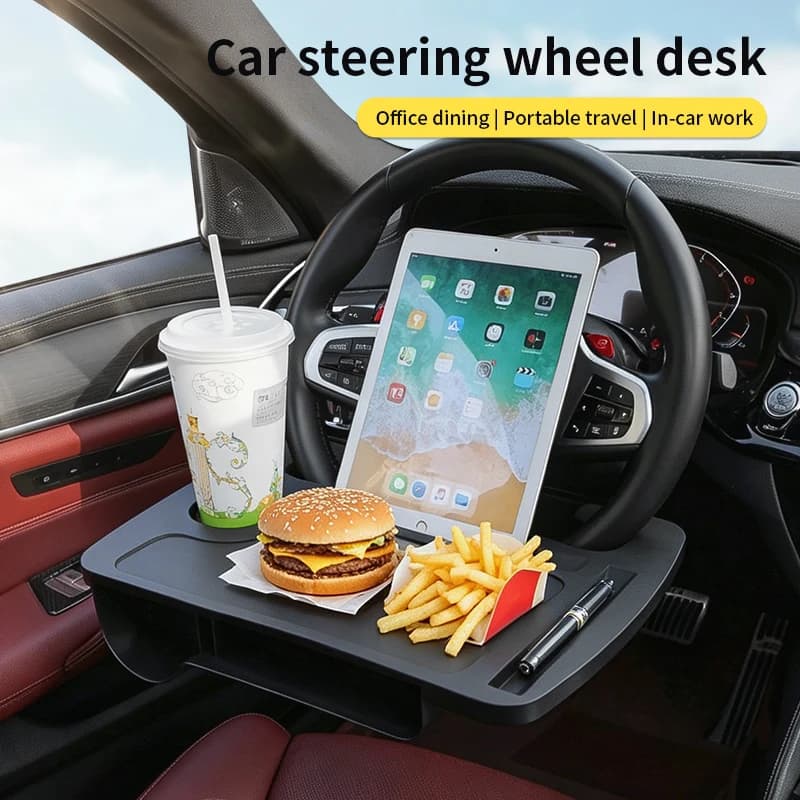 2-IN-1 Car Steering Wheel Table Tray, Dual Purpose Laptop Work Desk, Food Coffee Cup Holder, Auto Interior Travel Accessories