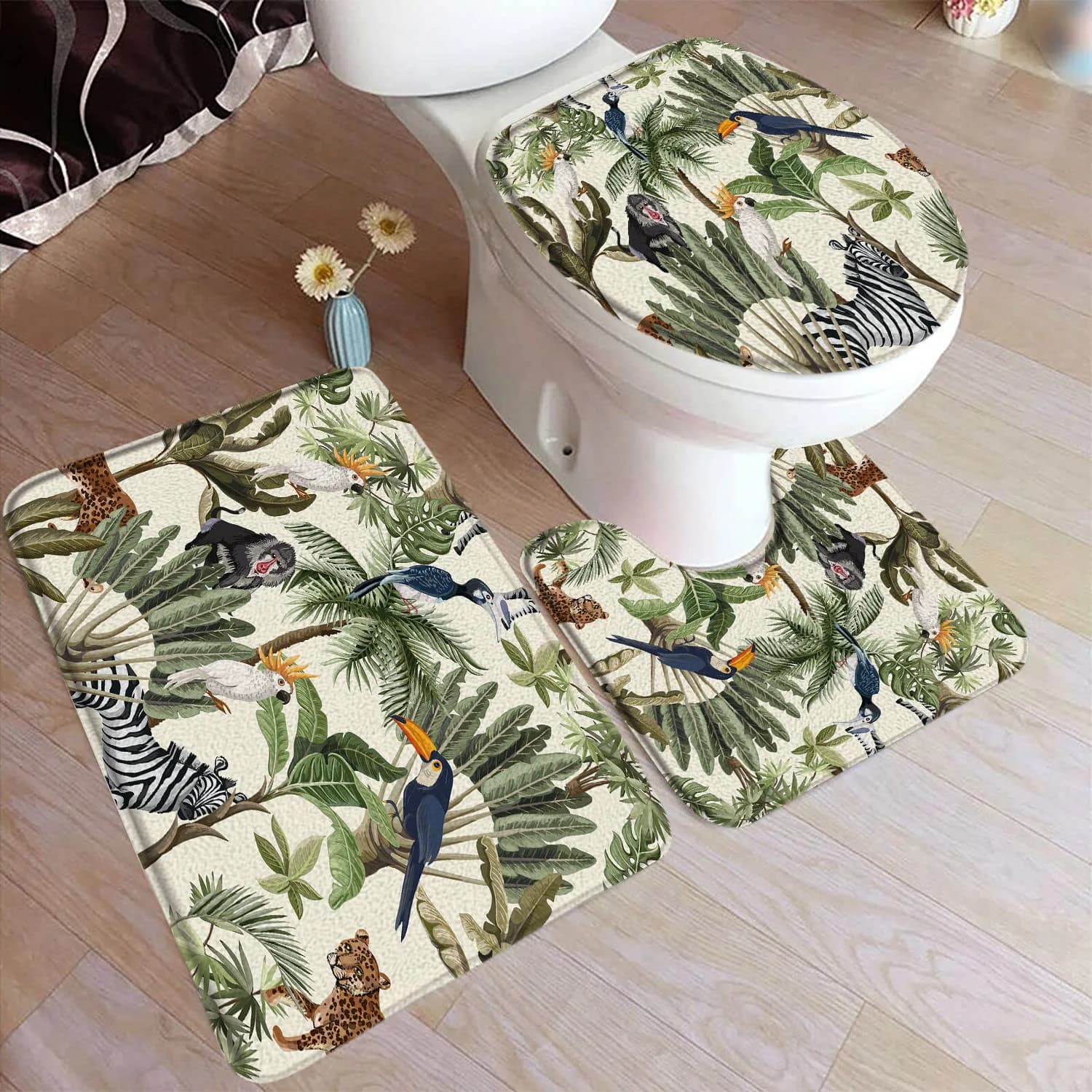 Set Tappetini da Bagno con Motivi Tropicali Animali e Piante: Zebra Selvatica, Leopardo, Scimmia, Uccello, Foglie di Palma, Monstera - Tappeto Decorativo per Bagno e Copriwater a U