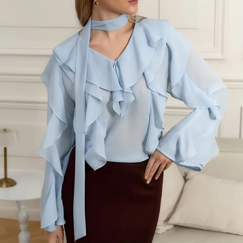 Nuova Camicetta da Donna Trasparente con Scollo a V, Pullover Casual con Nastro, Camicia Estiva con Volant a Maniche Lunghe, Top Ampio da Ufficio