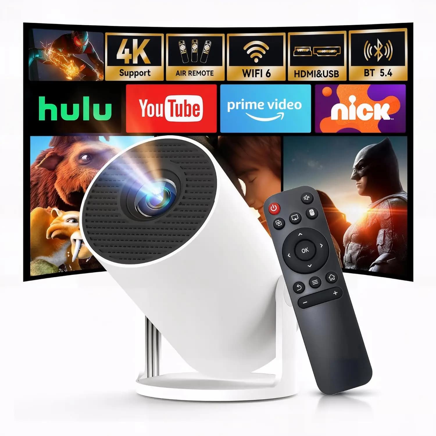 Mini Proiettore con Wi-Fi 6 e Bluetooth 5.4, Supporto 1080P 4K Full HD, Correzione Automatica Keystone 360° ° Proiettore Smart Portatile per Home Cinema