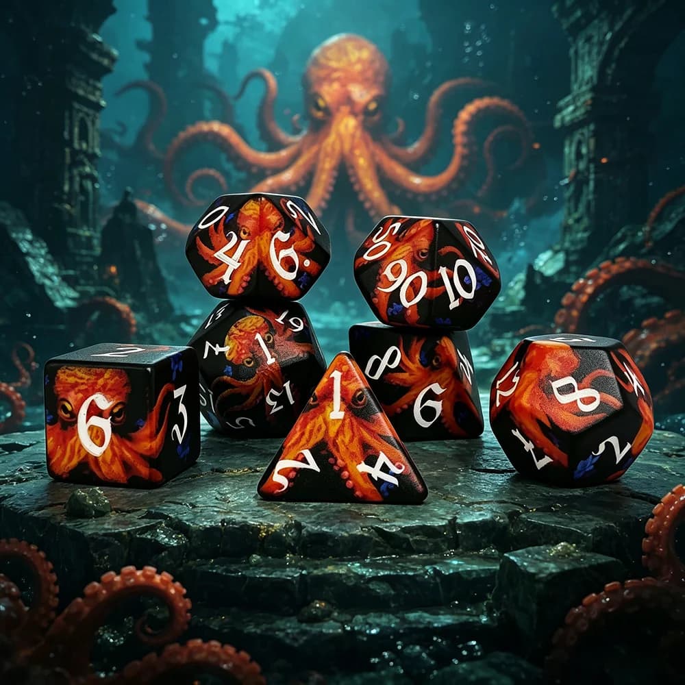 Deep Ocean God Octopus Tentacle Acrylic DND Dice 7 Pack Polyhedral RPG Dice for Cthulhu Mythos COC Dungeons & Dragons Tabletop