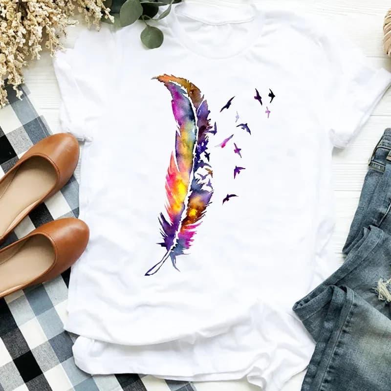 Fashion Butterfly Feather Dreamcatcher Women Casual Print Cute Trend T-shirt Graphic T Shirts Women Clothes Harajuku Tops
