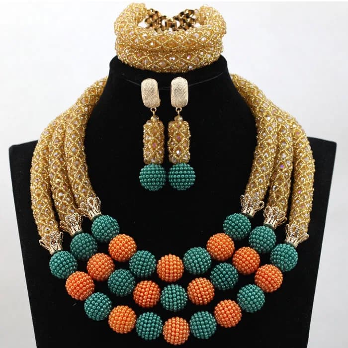 Set di gioielli con perline africane champagne, palline verde acqua/arancione, disegni di gioielli, perline da sposa ABL280