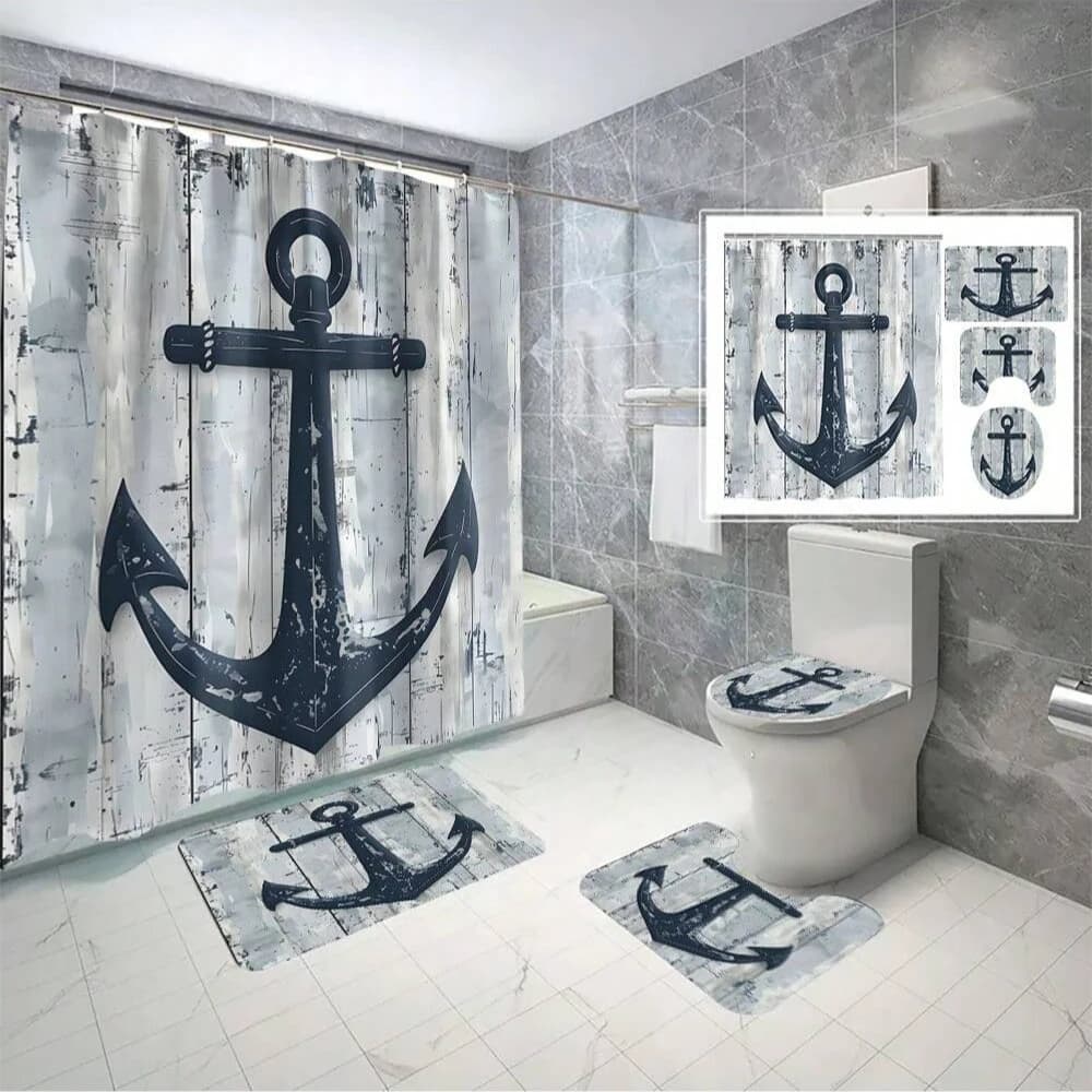 4Pcs Floral Pattern Valentine's Day Bathroom Set, Waterproof Polyester Shower Curtain With Hooks Bathroom Holiday Decoration