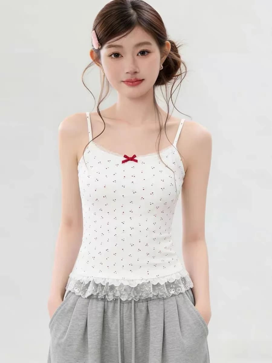 Summer Sexy Lace Trim Camisole Tank Top Women's 95 Cotton Knot Underwear Outerwear Matching Set Big Size plus MM