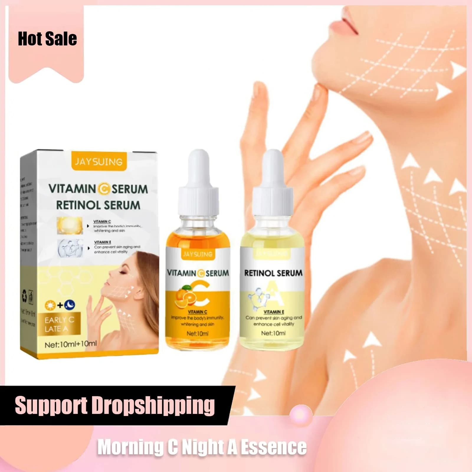 2 pz/set vitamina C W-hitening siero viso acido ialuronico retinolo essenza viso siero purificante rimozione macchie scure cura della pelle 10ml