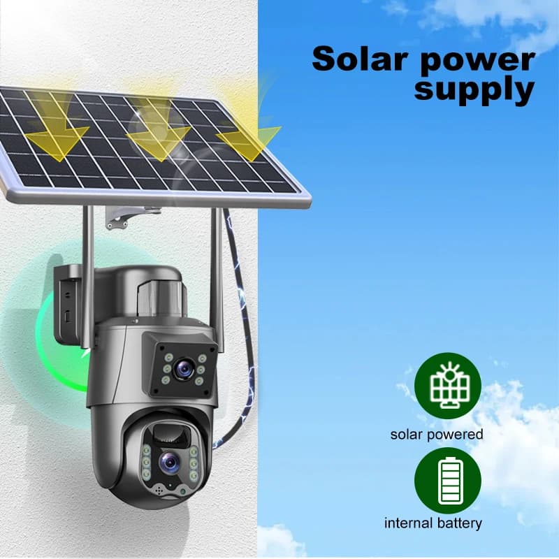Telecamera Solare WiFi 4K 8MP per Esterni, Telecamera di Sorveglianza CCTV Wireless con Pannello Solare, Doppia Lente IP PTZ per Protezione e Sicurezza