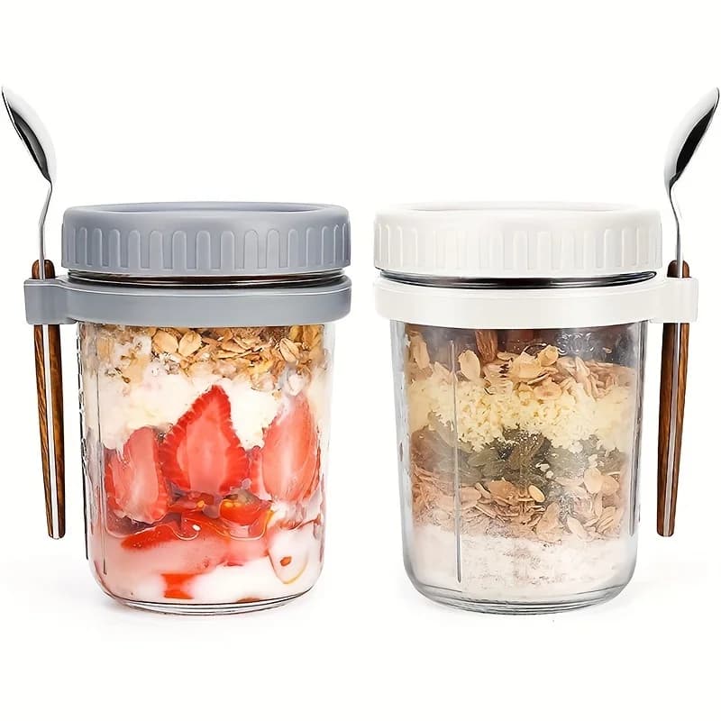 1 tazza per farina d'avena in vetro/2 pezzi, contenitore per avena notturna con coperchio e cucchiaio, barattolo per conservare cereali, latte e insalata di frutta da 16 once
