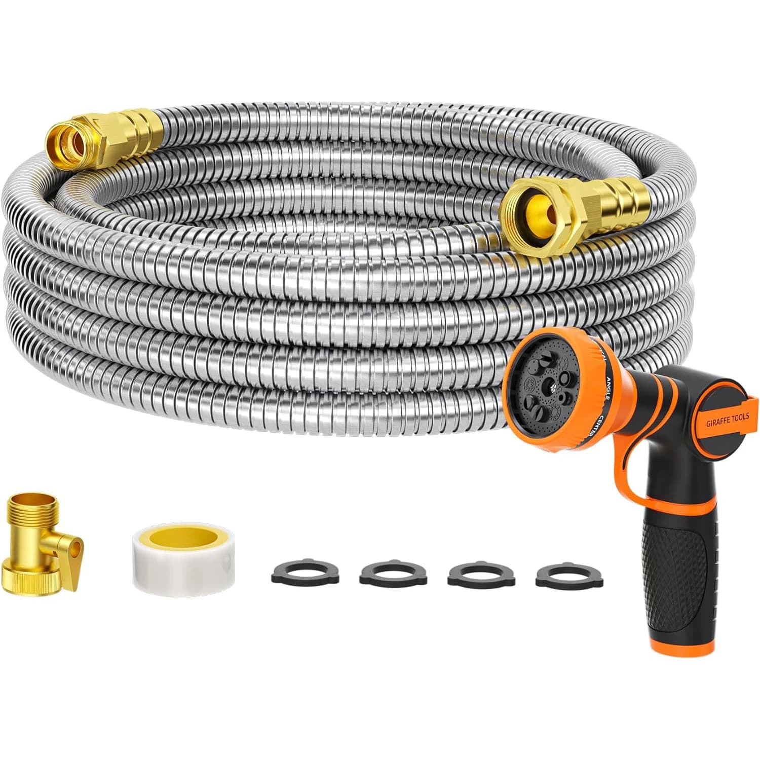 Giraffa Tools 5/8" Garden Pipe, 304 Stainless Steel Metal Water Pipe, Garden Water Pipe without Kink with 9 Reasons Spray Nozzle