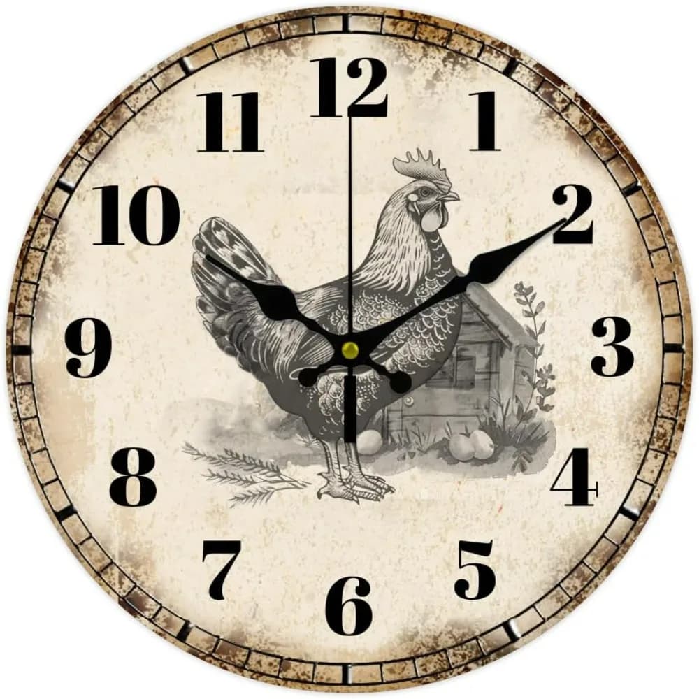 Orologio da parete Orologio da parete stampato decorativo in legno rotondo senza ticchettio con pollo in stile country per la casa