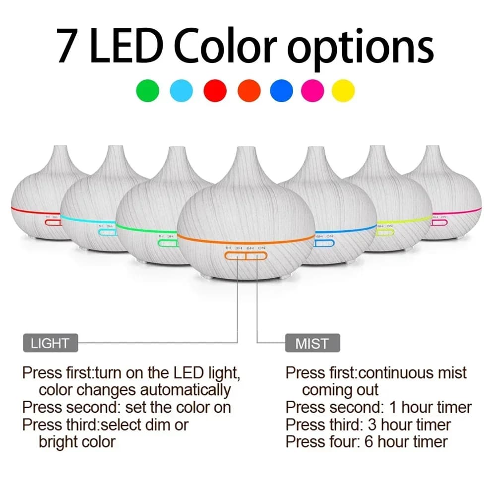 Diffusore di Aromi da 500ml con Effetto Legno, Telecomando, Umidificatore ad Ultrasuoni, Luce LED a 7 Colori