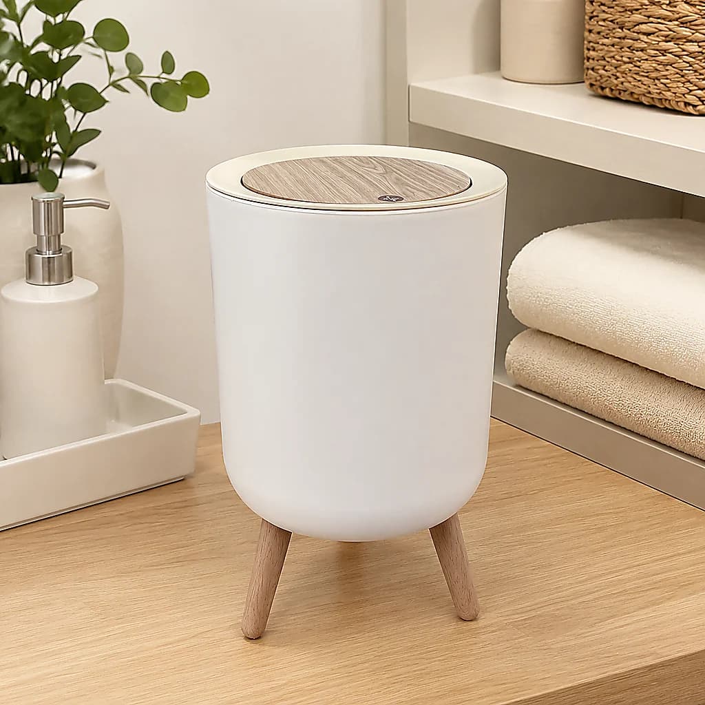 Nordic Style Trash Can with Wood Grain Pop‑up Lid,Wood Legs Countertop Garbage Bin,Odor‑Proof Pop Lid Waste Bin for Bathroom Bedroom Dresser Home Decor