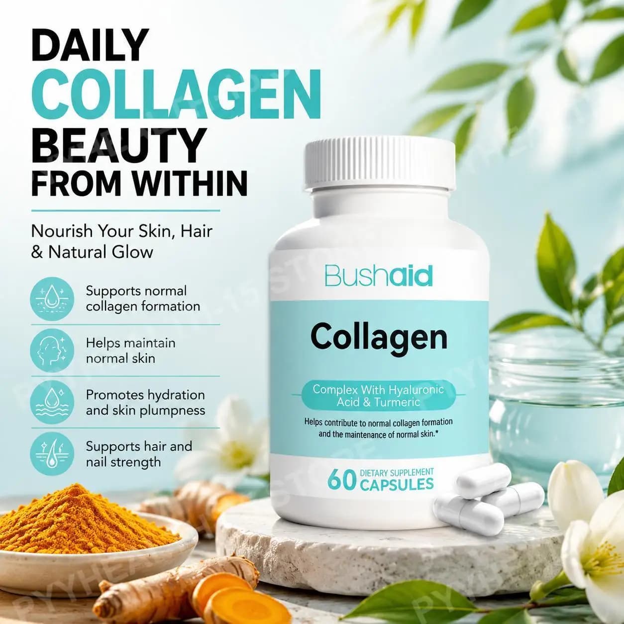 Marine Collagen Capsules with Hyaluronic Acid, Vitamin C and Biotin for Normal Skin Support Beauty Routine 60 Capsules Daily Use