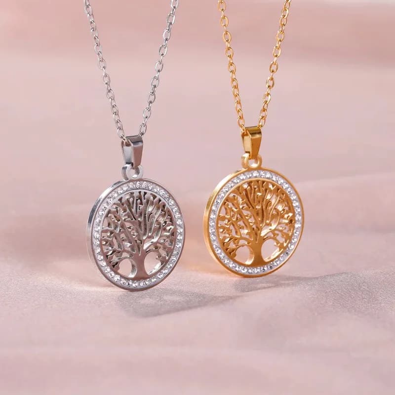 Collana albero della vita da donna in acciaio inossidabile color oro con zirconi trasparenti, catene con ciondolo rotondo, regalo di San Valentino di lusso