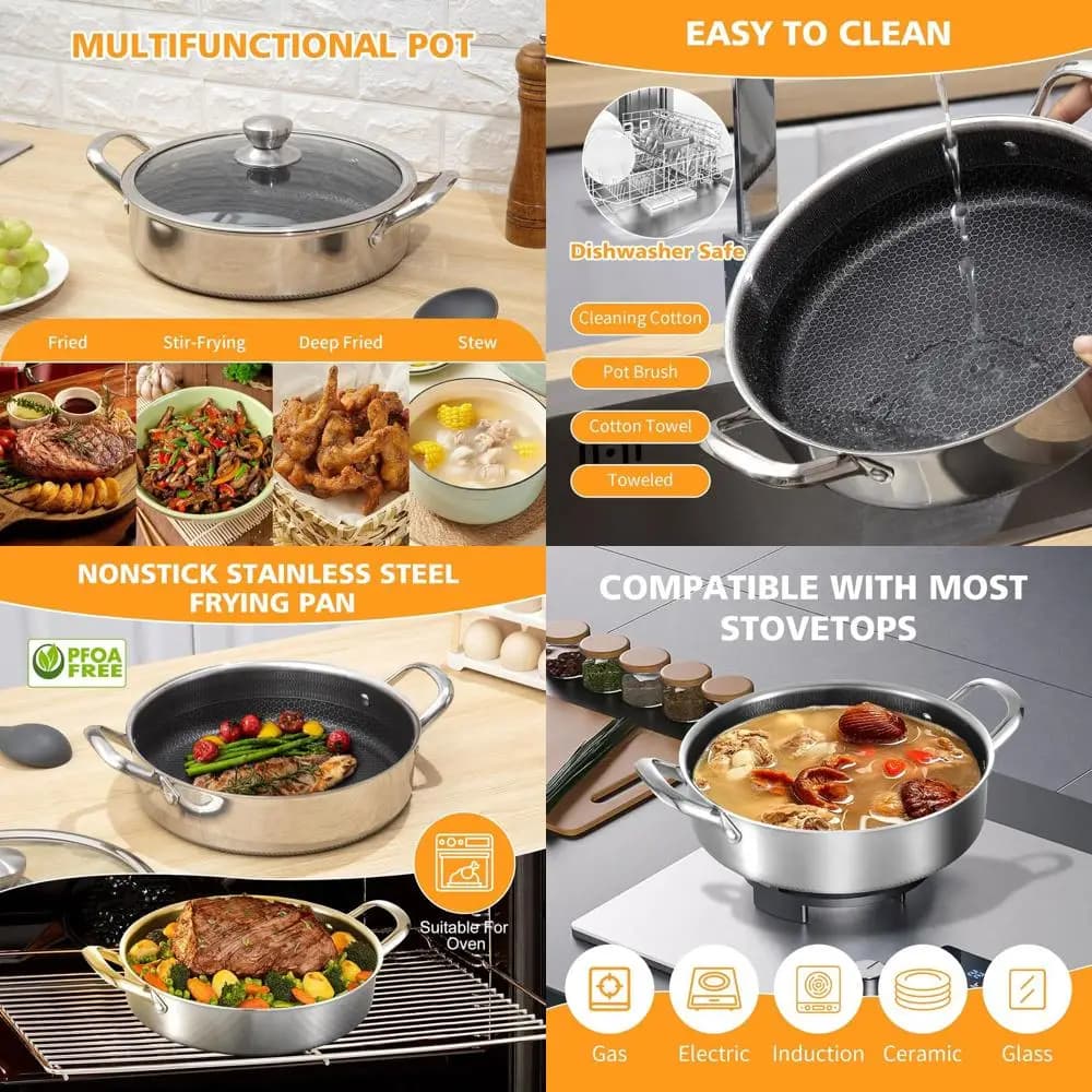 Anti-adhesive bowl of 14 Pollici, 7 Quarti, per Induction, con Coperchio, Pentola Grande senza PFOA