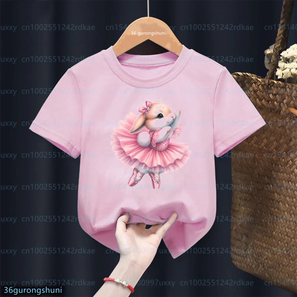 New Girl T-Shirt Watercolor Ballet Dance Bunny Cartoon Print Kid Tshirt Cute Easter Bunny Print Tshirt Fashion Girl Pink Clothes