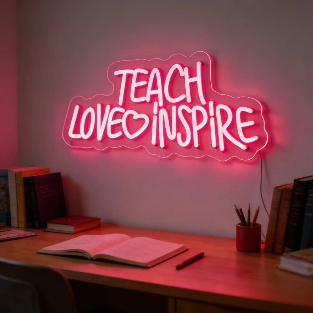 Teach Love Inspire Neon Sign LED Wall Art Teacher Classroom Decor Inspirational Education Gift Floral Design Desk Lamp