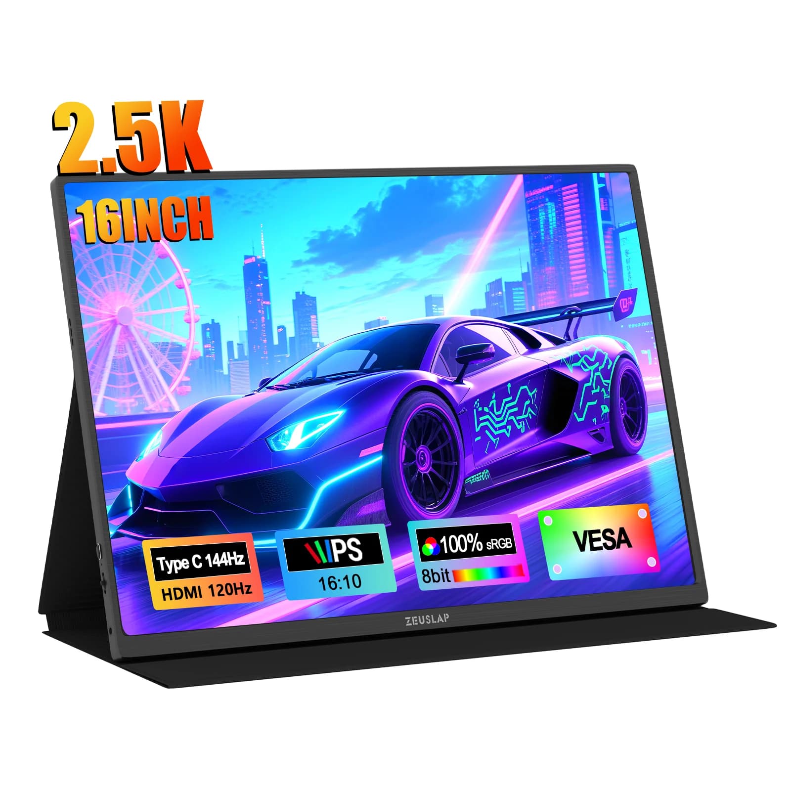 ZEUSLAP 16' 2.5K 144Hz Portable Monitor 2560*1600 16:10 100%sRGB 500Cd/m² Travel Gaming Display for Laptop Switch PS4 PS5 Xbox
