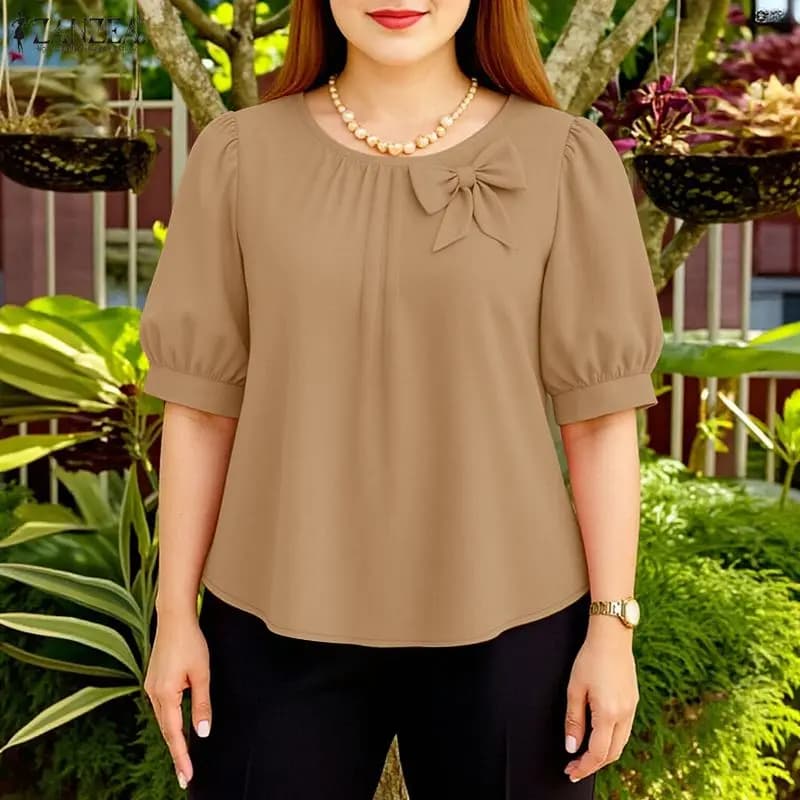 2026 ZANZEA Camicetta Estiva da Donna con Scollo a O e Maniche Corte, Top Casual Tinta Unita con Fiocco, Blusa Elegante da Ufficio e Lavoro, Oversize