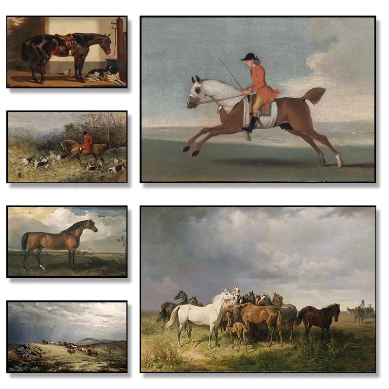 Poster su Tela in Stile Medievale Vintage con Cavallo, Cane e Alberi su Prateria, Decorazione per Soggiorno e Camera da Letto, Arte Murale, Regalo per la Casa