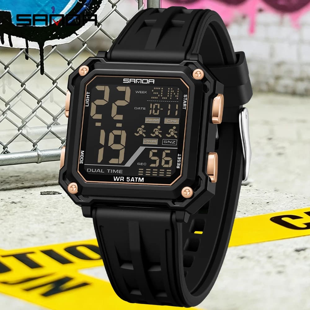 SANDA 2026 Fashion Electron Analog Watch for Men Women Square Dial Count Down Timer Waterproof Watch LED Luminous Digital 6373