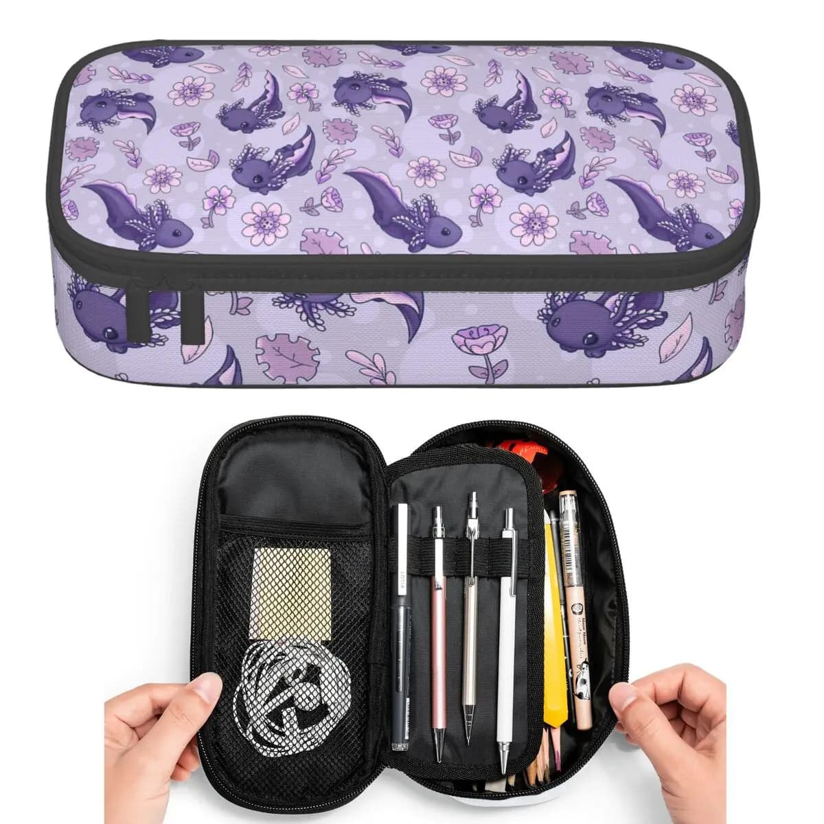 Astuccio per matite con simpatico cartone animato di axolotl e motivo floreale, per studenti, astuccio per penne, astuccio per matite di grande capacità, porta penne