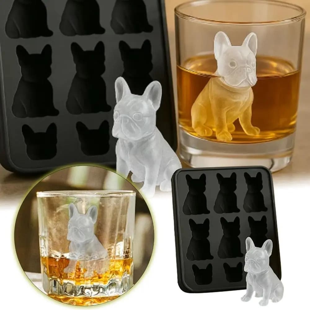Stampo per ghiaccio riutilizzabile in silicone per bulldog francese, 6 fori, facile sformatura, vassoio per ghiaccio 3D, stampo per ghiaccio per whisky per uso alimentare, bevande, iceblock