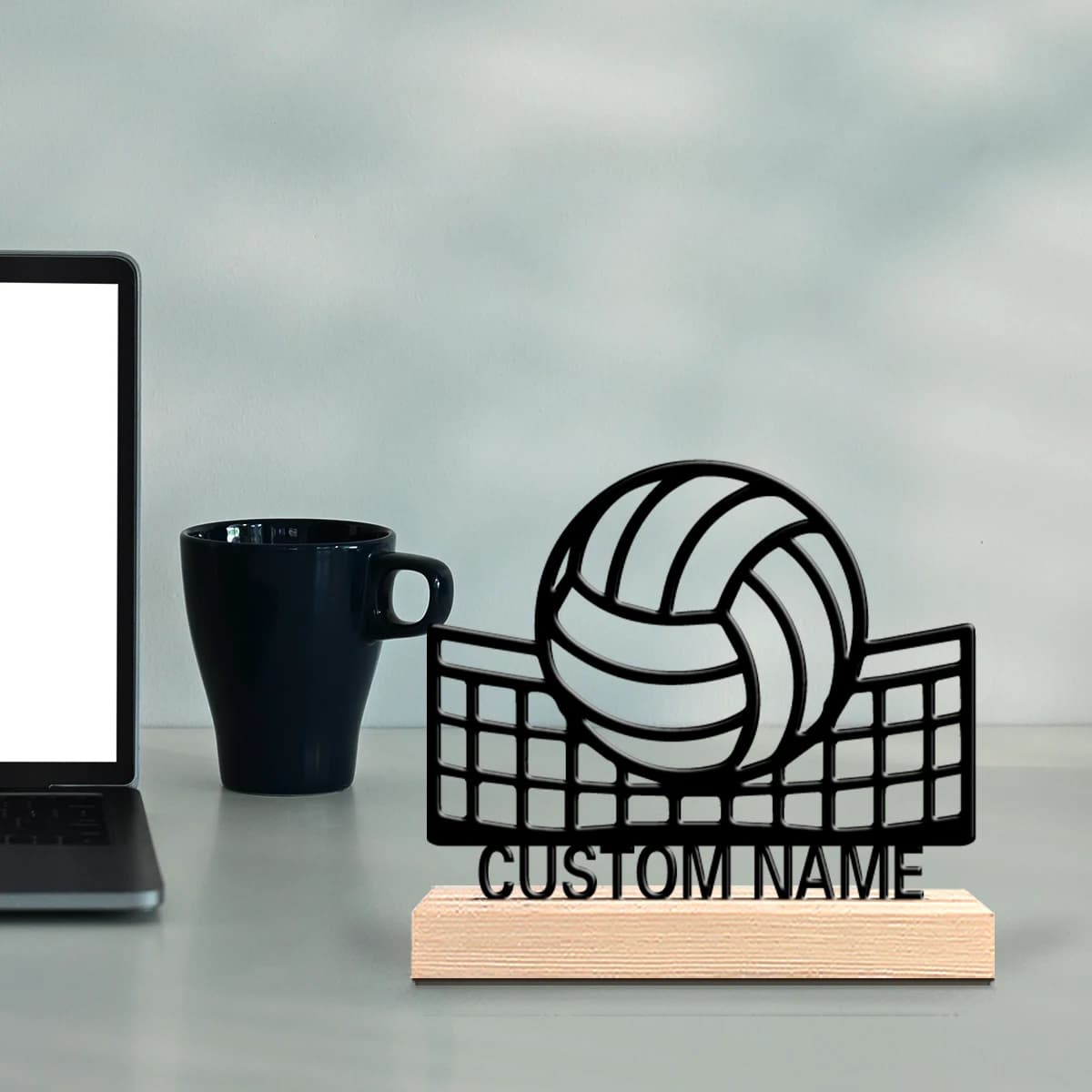 1pc Fun Personalized Custom Volleyball Metal Statues Nature-Inspired Wooden Base Decor for Office Living Room Zen Calm Spaces