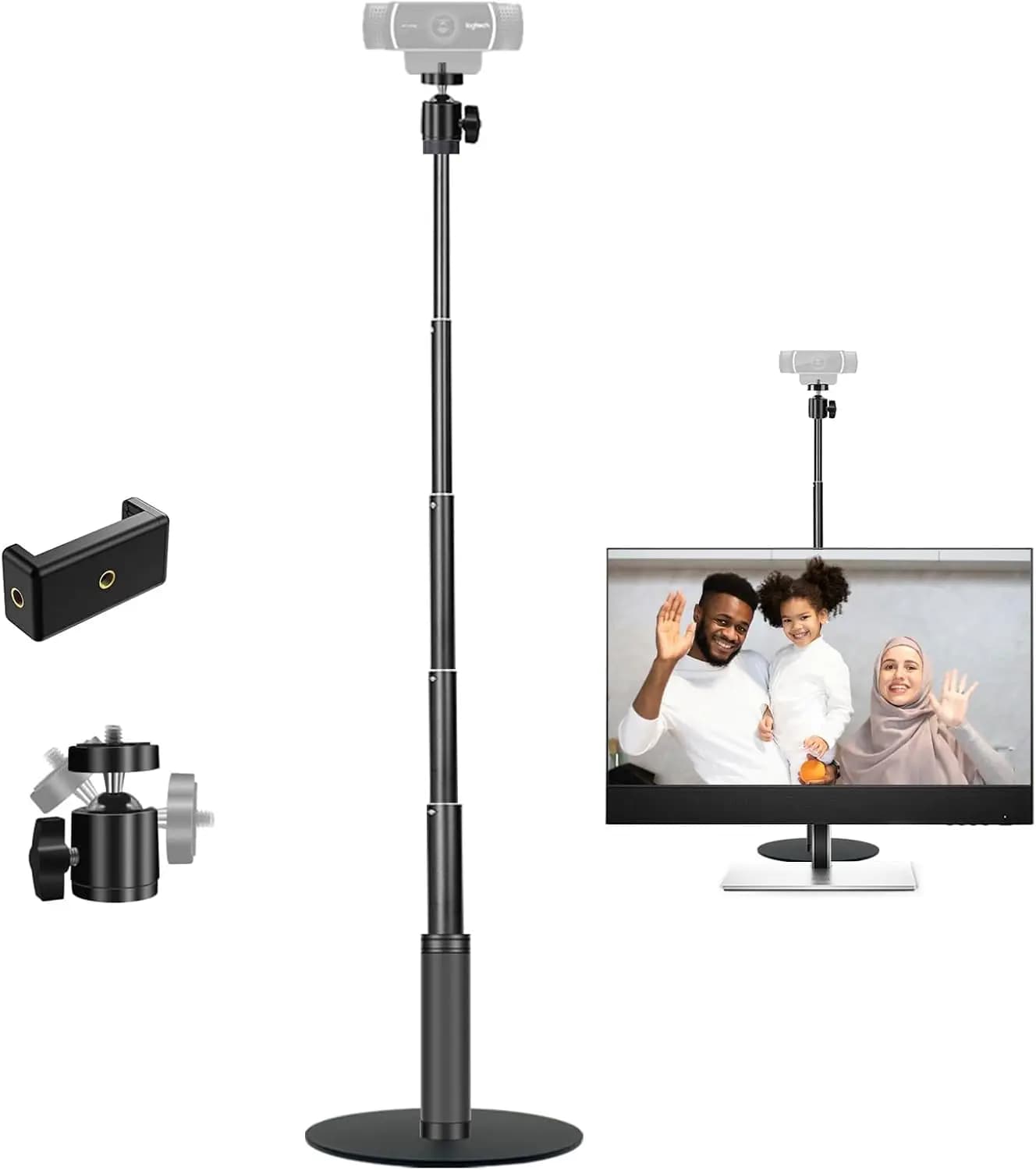 Supporto per Webcam Regolabile da 28 Pollici, Base in Metallo Pesante, Testa a Sfera Multi-Angolo per Fotocamere e Telefoni con Filettatura da 1/4 di Pollice