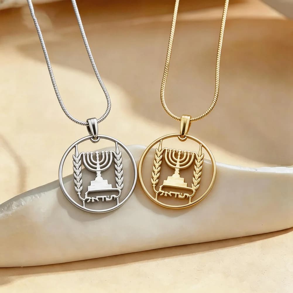 Jewish Menorah Candelabrum Hanukkah Jerusalem Torah Hebrew Stainless Steel Necklace for Women Men Jewish Religious Jewelry Gifts
