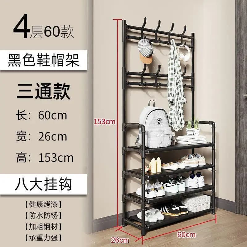 4‑Tier Shoe Rack With Coat Hooks Plastic Entryway Hallway Shoe Storage Organizer Stand With Hanger Hooks For Bags Hats Clothes