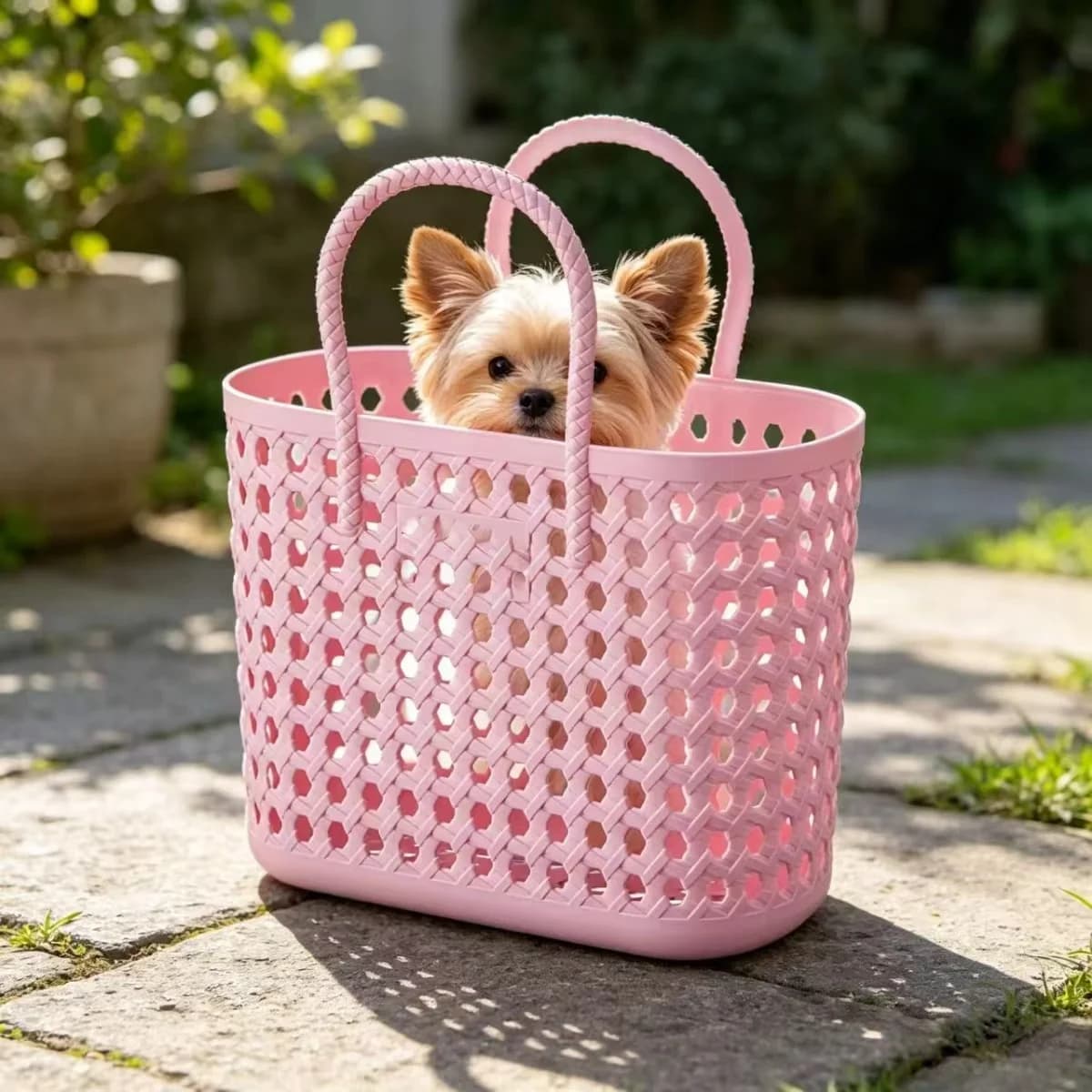 Borsa Trasportino Portatile in Plastica per Cani e Gatti, Cesto Traspirante Intrecciato per Viaggi all'Aperto e Uso Domestico
