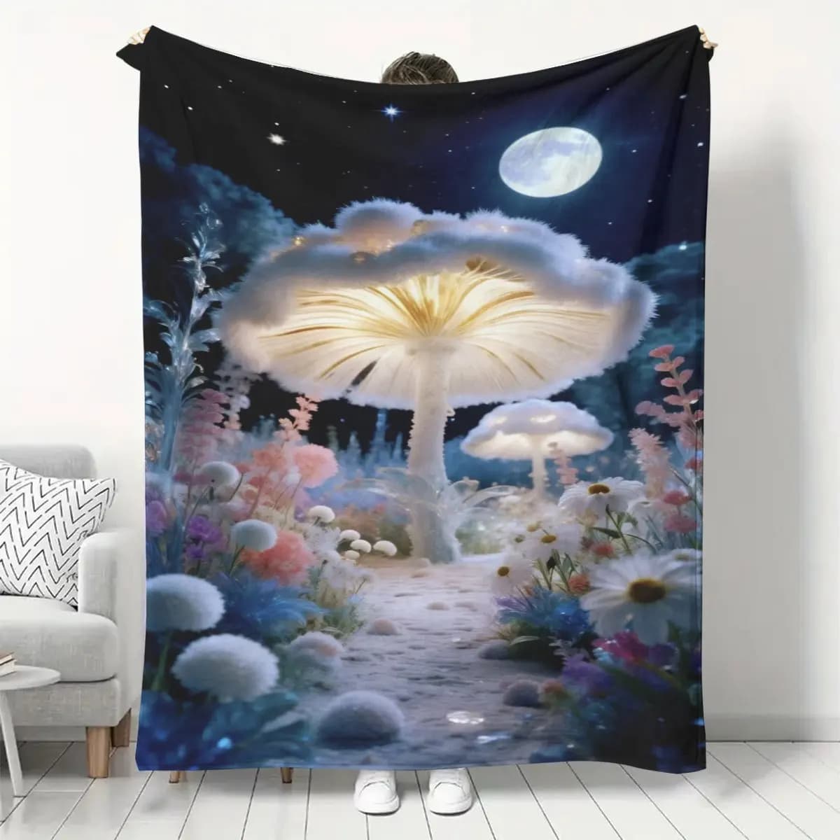 Enchanted Forest Luminous White Mushroom Floral Starry Night Pattern Flannel Blanket Plush Bedspread Portable Travel Blanket