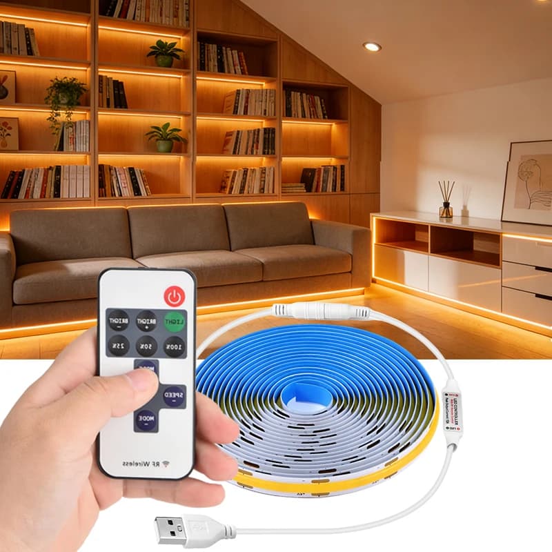 White & Warm White USB COB LED Strip, Dimmable Flexible Tape Light with RF Remote for Cabinet & Home Decor