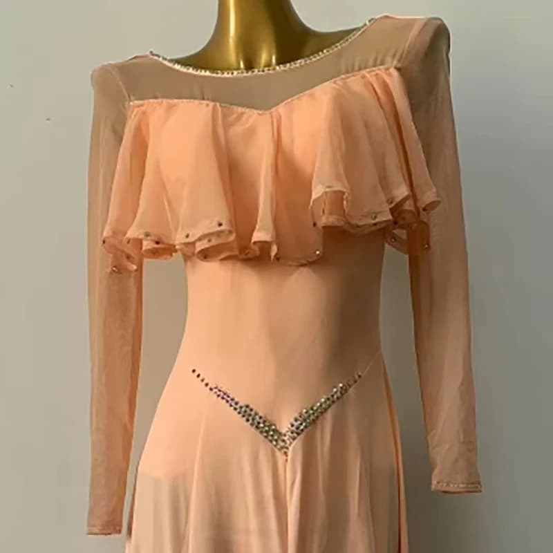 Concorso di danza latina Abbigliamento da donna Abito con strass per performance di samba a maniche lunghe in maglia semplice personalizzata di fascia alta