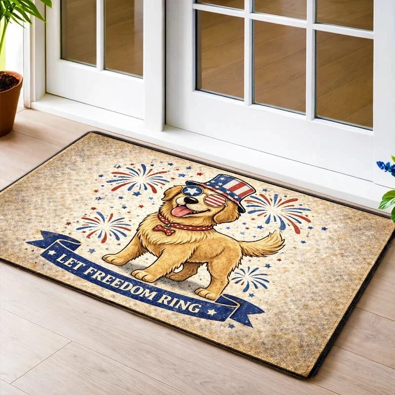 [2D Flat] New American Independence Day Themed Flannel Floor Mat, Dog Pattern Doormat, Absorbent Floor Mat for Living Room, Bedroom, And Bathroom