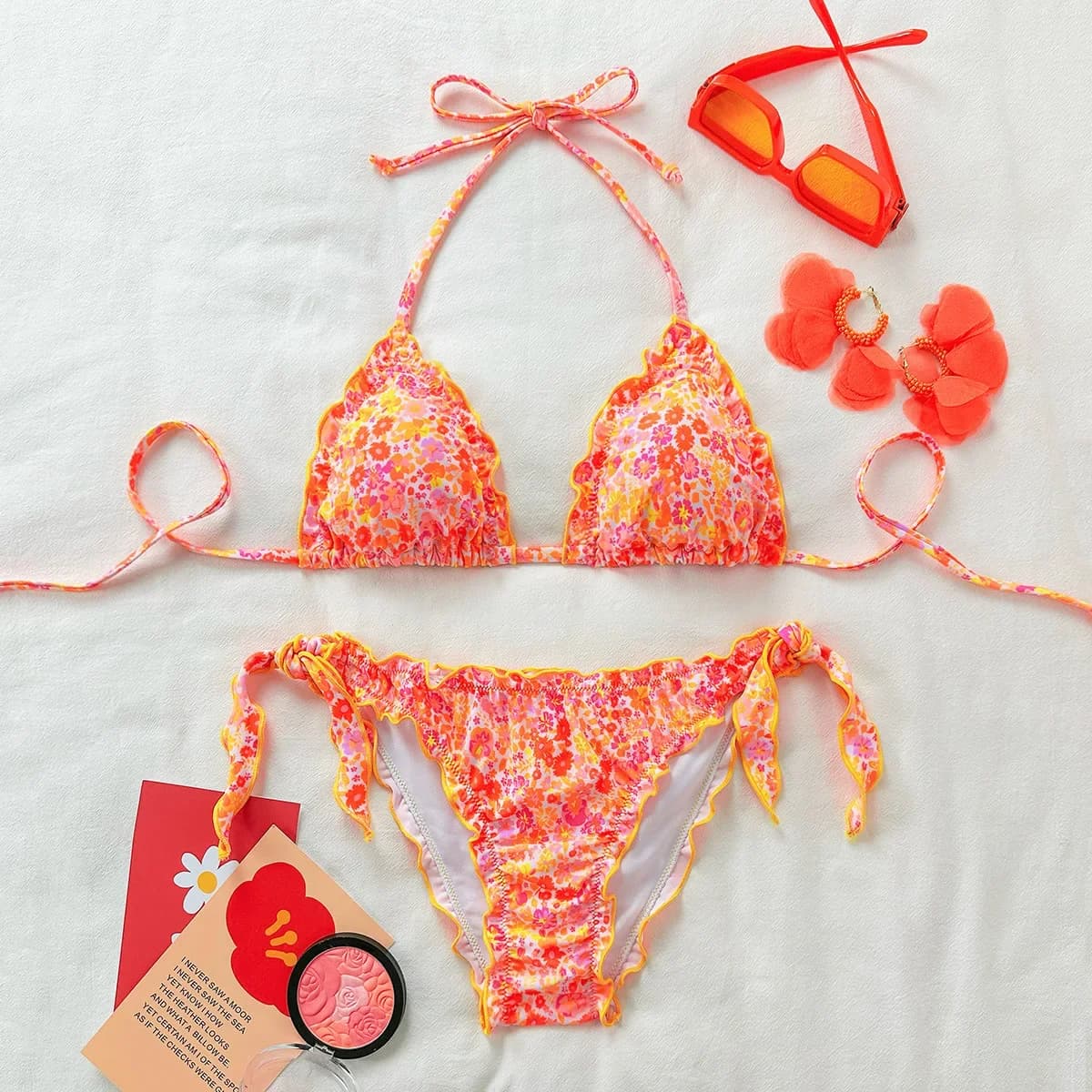 Costume da bagno donna perizoma bikini con lacci laterali costume da bagno sexy fasciatura collo cravatta costumi da bagno bikini floreale regolabile intimo chic
