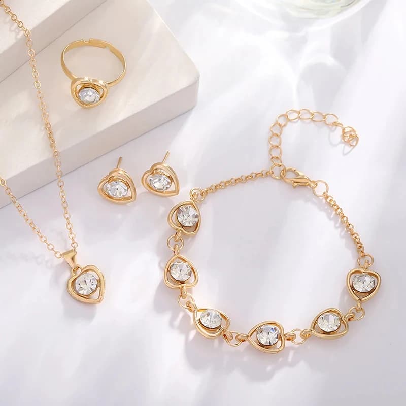 Set di Gioielli a Doppio Cuore: Collana, Bracciale, Orecchini e Anello, Elegante Set di Gioielli con Strass per Donna