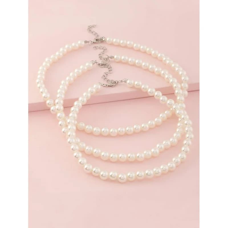 3pcs/Set Girls White Pearl Beaded Necklace Choker Jewelry Set, Suitable For Daily Decoration