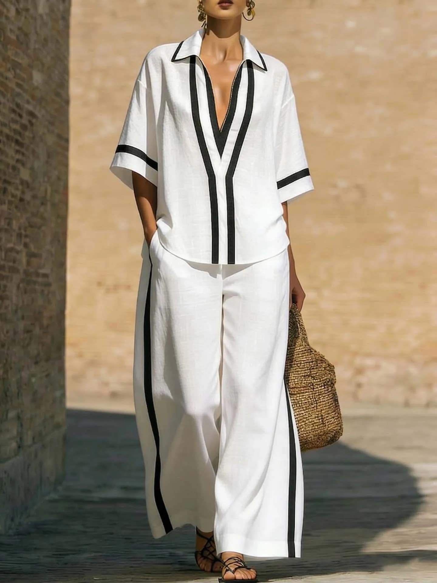 Completo da Donna Casual con Camicia Larga e Pantaloni a Vita Alta a Gamba Larga - Set Due Pezzi 2026 - Saldi di Fine Stagione per Abbigliamento Femminile - Conjuntos Mujer