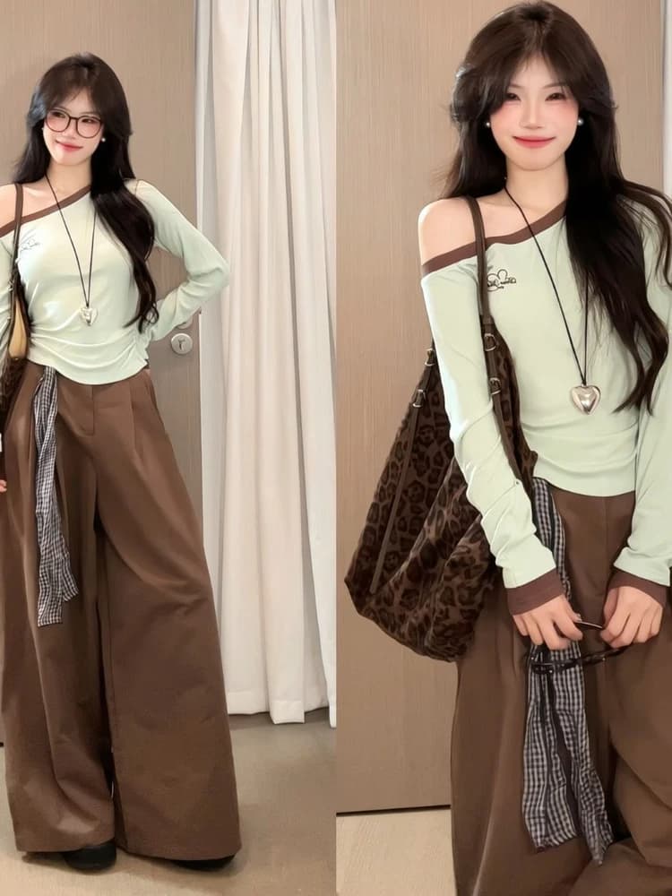Completo Primaverile Stile Coreano: T-Shirt con Spalle Scoperte e Pantaloni Casual, Set Due Pezzi da Donna, Manica Lunga