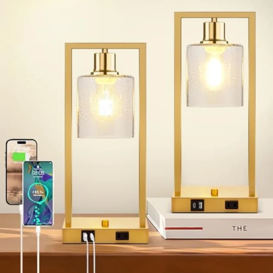 Lampada da Scrivania 16 Pollici per Casa e Ufficio, Lampada da Comodino con Porte USB C+A e Presa, Lampada da Tavolo Industriale Dorata Completamente Dimmerabile