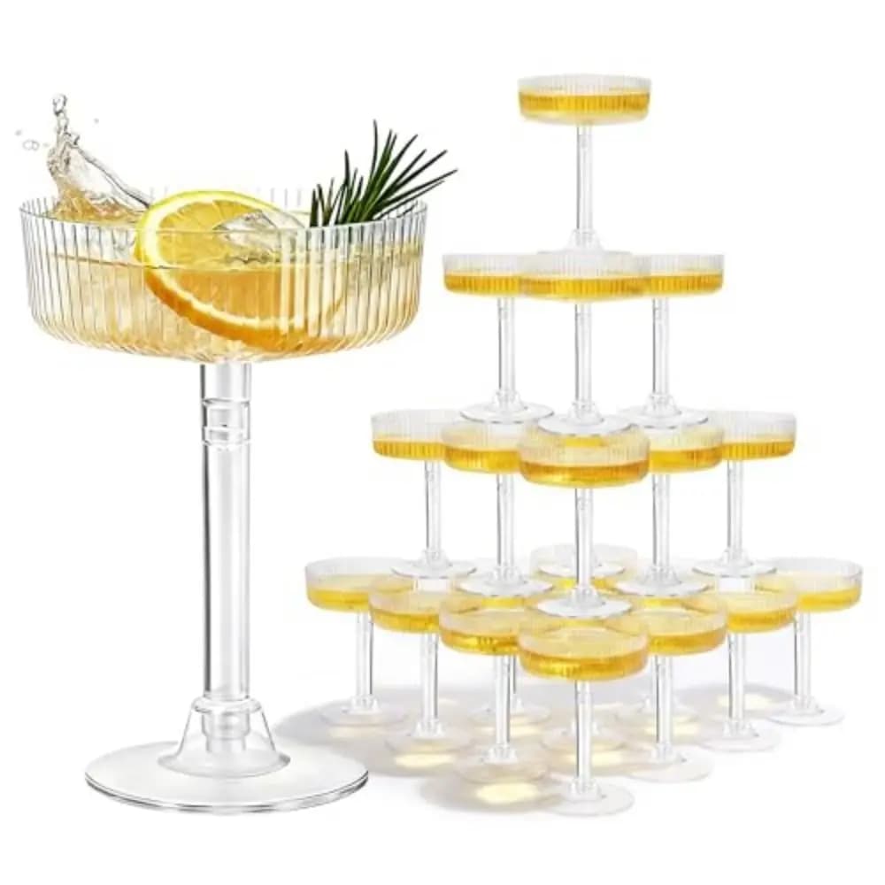 Bicchieri da Martini in Plastica Trasparenti Staccabili, Bicchieri da Champagne a Torre, Bicchieri da Martini Monouso Scanalati