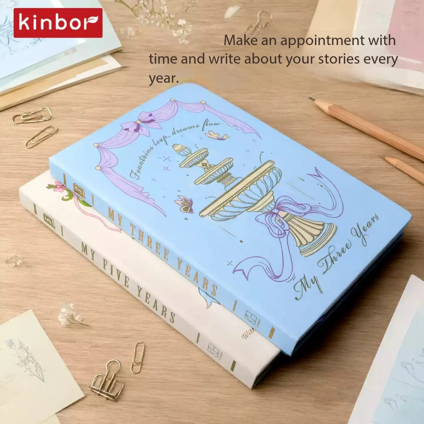 Kinbor 3/5 Year Memory Journal A5 Fabric Cover Diary Notebook Gold Stamping Professionals Smooth Paper Daily Planner Keepsake