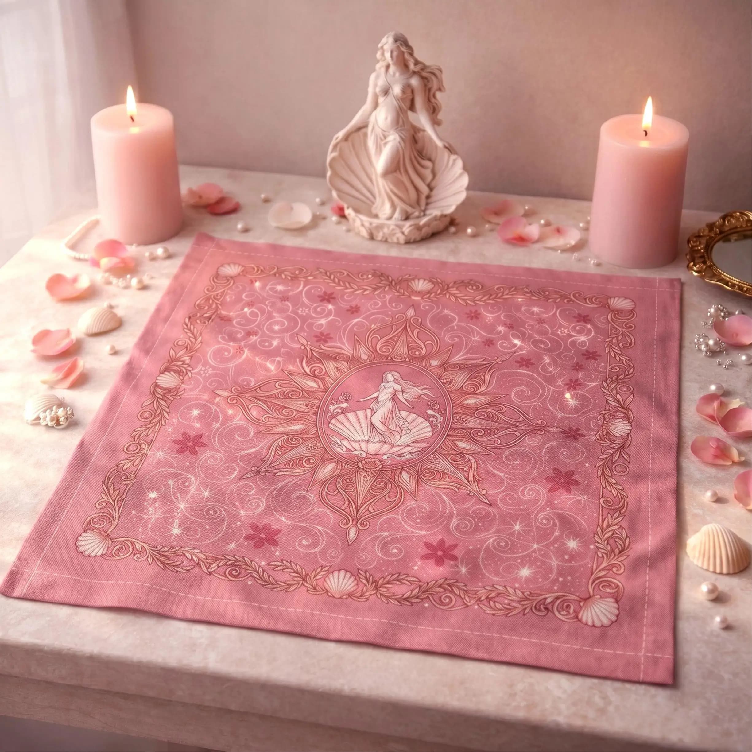 1pc Aphrodite Goddess Tarot Altar Cloth Pink Seashell Floral Witchcraft Astrology Divination Table Mat for Oracle Card Reading